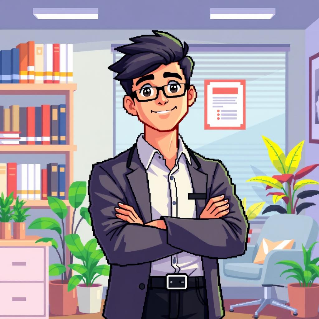 A pixel art illustration of a young psychologist standing with his arms crossed confidently