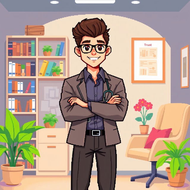 A pixel art illustration of a young psychologist standing with his arms crossed confidently