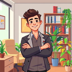 A pixel art illustration of a young psychologist standing with his arms crossed confidently