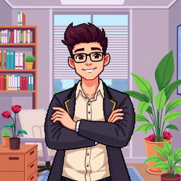 A pixel art illustration of a young psychologist standing with his arms crossed confidently