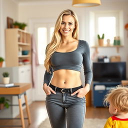 A wide shot of a fit Russian nanny with long blonde hair, wearing tight clothes that emphasize her buxom figure