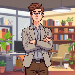 A pixel art illustration of a young male psychologist standing with his arms confidently crossed