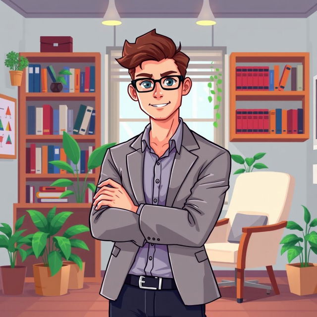 A pixel art illustration of a young male psychologist standing with his arms confidently crossed