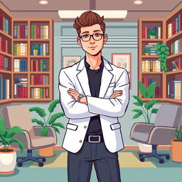 A pixel art illustration of a young male psychologist standing with his arms confidently crossed