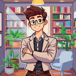 A pixel art illustration of a young male psychologist standing with his arms confidently crossed