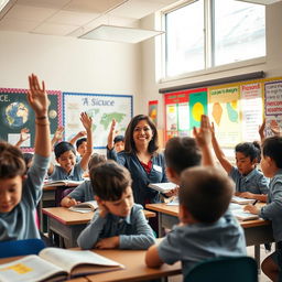 A vibrant and dynamic school scene featuring students interacting in a learning environment