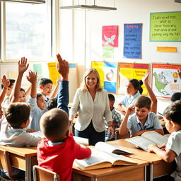 A vibrant and dynamic school scene featuring students interacting in a learning environment