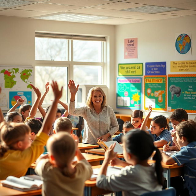 A vibrant and dynamic school scene featuring students interacting in a learning environment