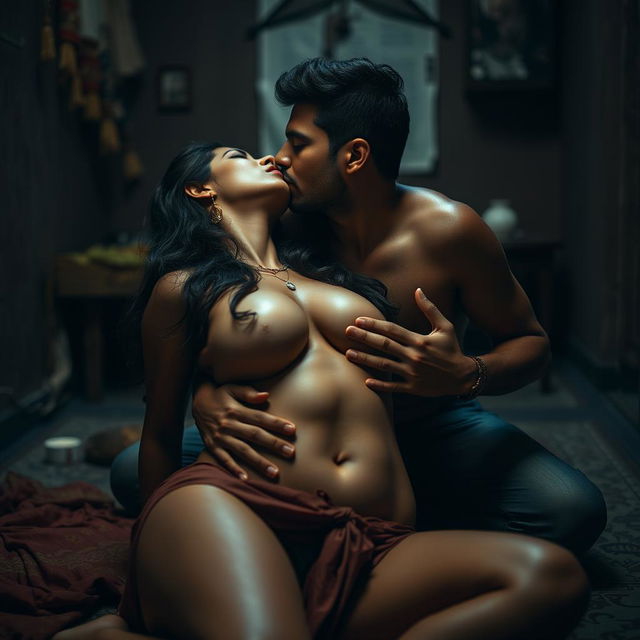 A sensuous and intimate scene set on the floor of a brothel, featuring a charismatic woman inspired by a popular Indian actress, portrayed as a captivating figure