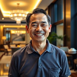 A cheerful middle-aged Thai man, around 50 years old, with a warm and joyful smile