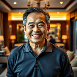 A cheerful middle-aged Thai man, around 50 years old, with a warm and joyful smile