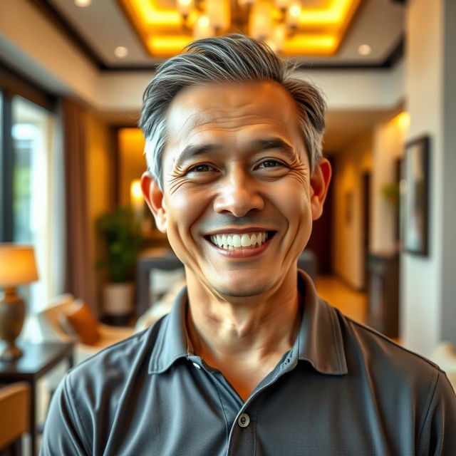 A cheerful middle-aged Thai man, around 50 years old, with a warm and joyful smile