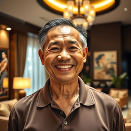 A cheerful middle-aged Thai man, around 50 years old, with a warm and joyful smile