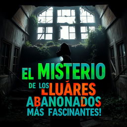 A YouTube thumbnail designed for the theme "¡Descubre el Misterio de los Lugares Abandonados Más Fascinantes!" featuring an eye-catching and dramatic composition