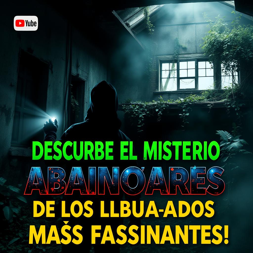 A YouTube thumbnail designed for the theme "¡Descubre el Misterio de los Lugares Abandonados Más Fascinantes!" featuring an eye-catching and dramatic composition