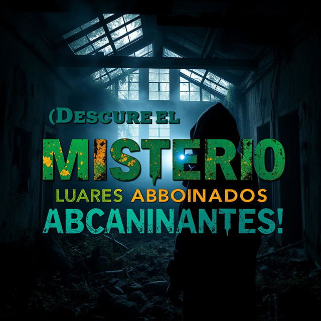 A YouTube thumbnail designed for the theme "¡Descubre el Misterio de los Lugares Abandonados Más Fascinantes!" featuring an eye-catching and dramatic composition