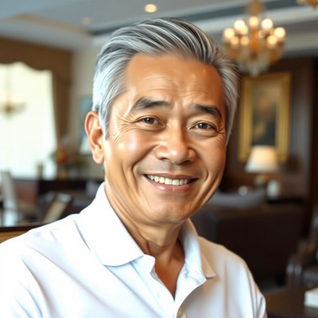 A middle-aged Thai man, approximately 50 years old, with a cheerful and content face, exuding kindness and warmth