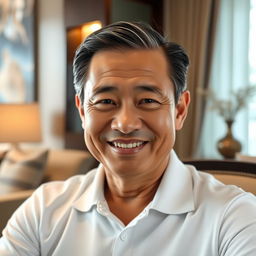 A middle-aged Thai man, approximately 50 years old, with a cheerful and content face, exuding kindness and warmth