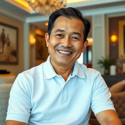 A middle-aged Thai man, approximately 50 years old, with a cheerful and content face, exuding kindness and warmth