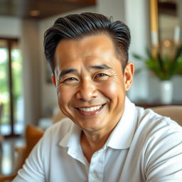 A middle-aged Thai man, approximately 50 years old, with a cheerful and content face, exuding kindness and warmth