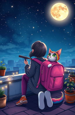 A whimsical scene depicting a girl sitting on a rooftop with a vibrant pink backpack