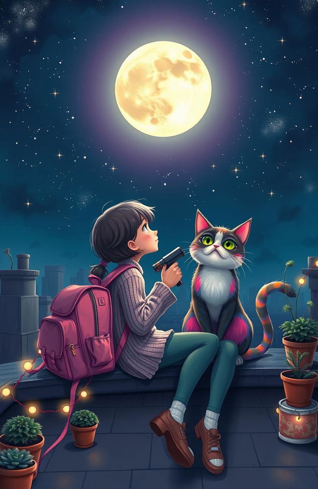 A whimsical scene depicting a girl sitting on a rooftop with a vibrant pink backpack