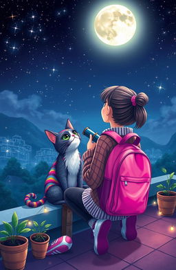 A whimsical scene depicting a girl sitting on a rooftop with a vibrant pink backpack