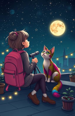 A whimsical scene depicting a girl sitting on a rooftop with a vibrant pink backpack