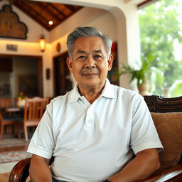 A middle-aged Thai man, aged 60, with neatly combed hair and a stout, robust build, wearing a clean white polo shirt that presents a dignified appearance