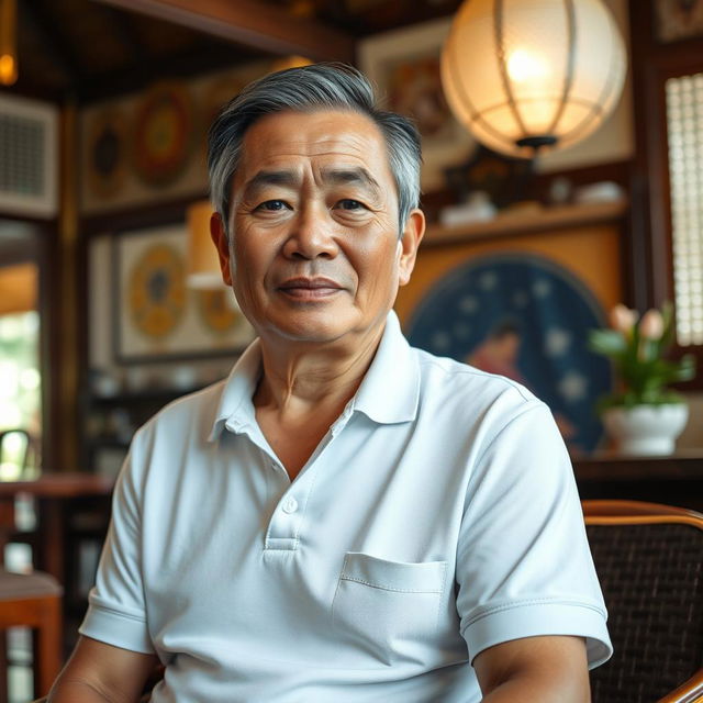 A middle-aged Thai man, aged 60, with neatly combed hair and a stout, robust build, wearing a clean white polo shirt that presents a dignified appearance