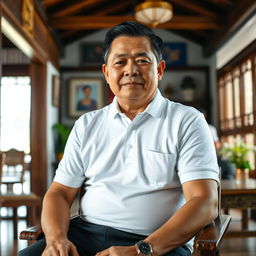 A middle-aged Thai man, aged 60, with neatly combed hair and a stout, robust build, wearing a clean white polo shirt that presents a dignified appearance