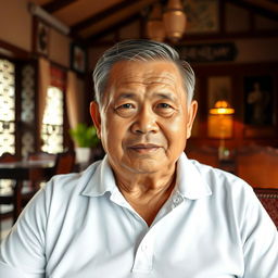 A middle-aged Thai man, aged 60, with neatly combed hair and a stout, robust build, wearing a clean white polo shirt that presents a dignified appearance