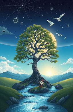 A thought-provoking illustration symbolizing the philosophy of life, capturing the essence of the past, present, and future