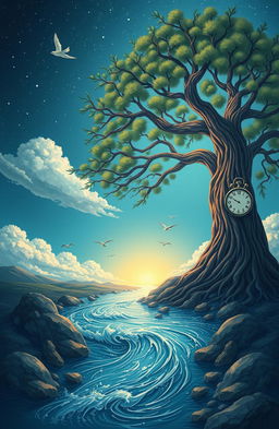 A thought-provoking illustration symbolizing the philosophy of life, capturing the essence of the past, present, and future