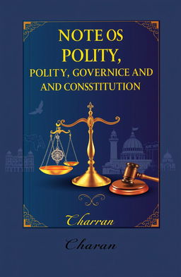 A vivid and detailed book cover design for 'Notes of Polity, Governance and Constitution' by Charan