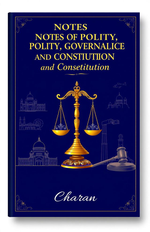 A vivid and detailed book cover design for 'Notes of Polity, Governance and Constitution' by Charan