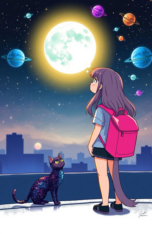 A whimsical scene featuring a girl with long flowing hair, wearing a casual outfit and a bright pink backpack, standing on a rooftop