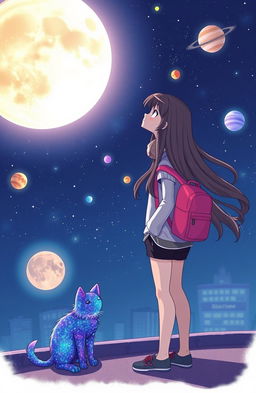 A whimsical scene featuring a girl with long flowing hair, wearing a casual outfit and a bright pink backpack, standing on a rooftop