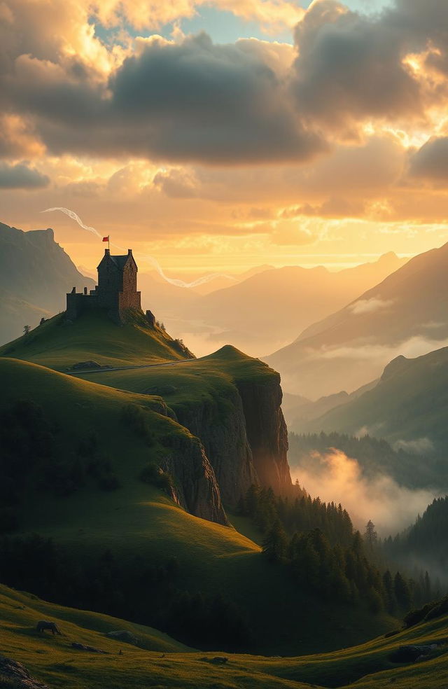 A magnificent Scottish landscape inspired by Disney's 'Brave', featuring rolling green hills, rugged mountains, and a mystical forest shrouded in mist