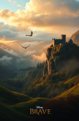 A magnificent Scottish landscape inspired by Disney's 'Brave', featuring rolling green hills, rugged mountains, and a mystical forest shrouded in mist