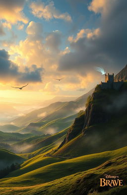 A magnificent Scottish landscape inspired by Disney's 'Brave', featuring rolling green hills, rugged mountains, and a mystical forest shrouded in mist