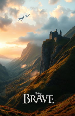 A magnificent Scottish landscape inspired by Disney's 'Brave', featuring rolling green hills, rugged mountains, and a mystical forest shrouded in mist