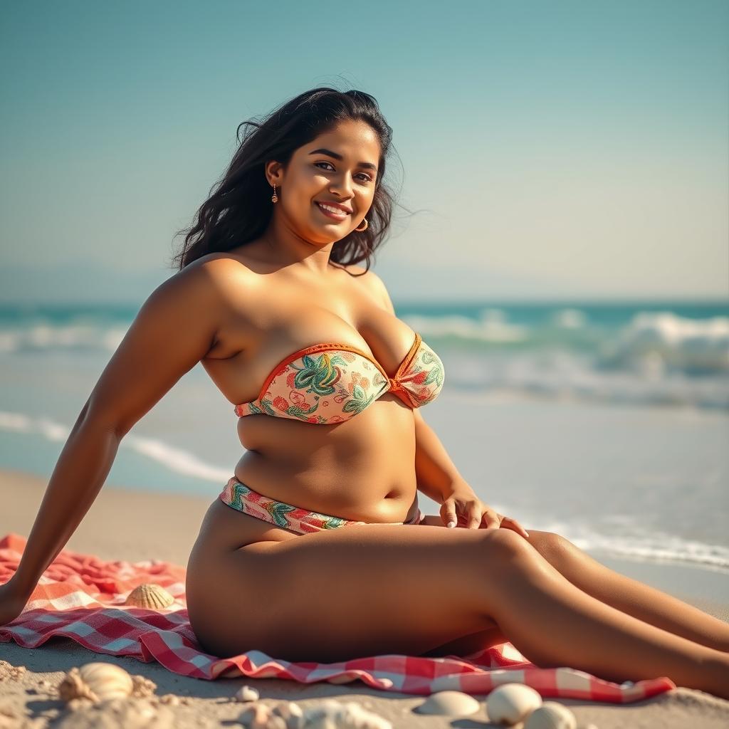 A confident, curvy Indian woman sitting gracefully on a beachside, wearing a stylish and sexy hot bikini