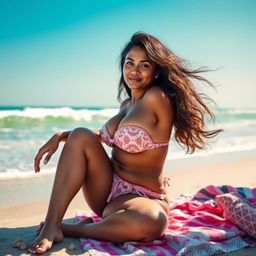 A confident, curvy Indian woman sitting gracefully on a beachside, wearing a stylish and sexy hot bikini