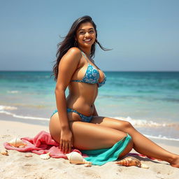 A confident, curvy Indian woman sitting gracefully on a beachside, wearing a stylish and sexy hot bikini