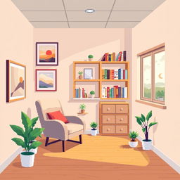 A pixel art background depicting the interior of a psychologist's office