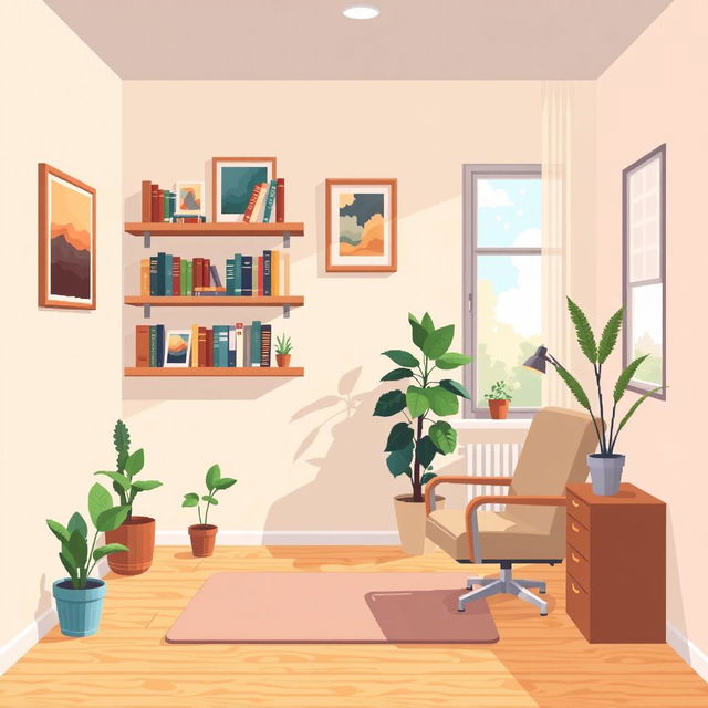 A pixel art background depicting the interior of a psychologist's office