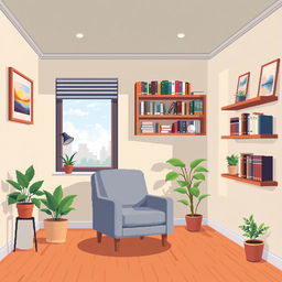 A pixel art background depicting the interior of a psychologist's office