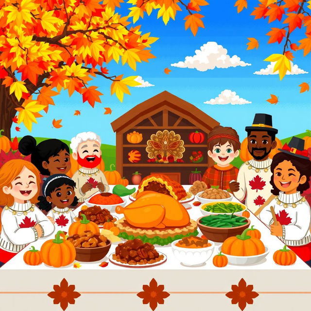 A vibrant and colorful pixel art scene depicting a joyful Thanksgiving celebration