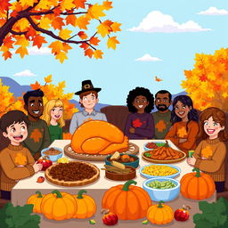 A vibrant and colorful pixel art scene depicting a joyful Thanksgiving celebration